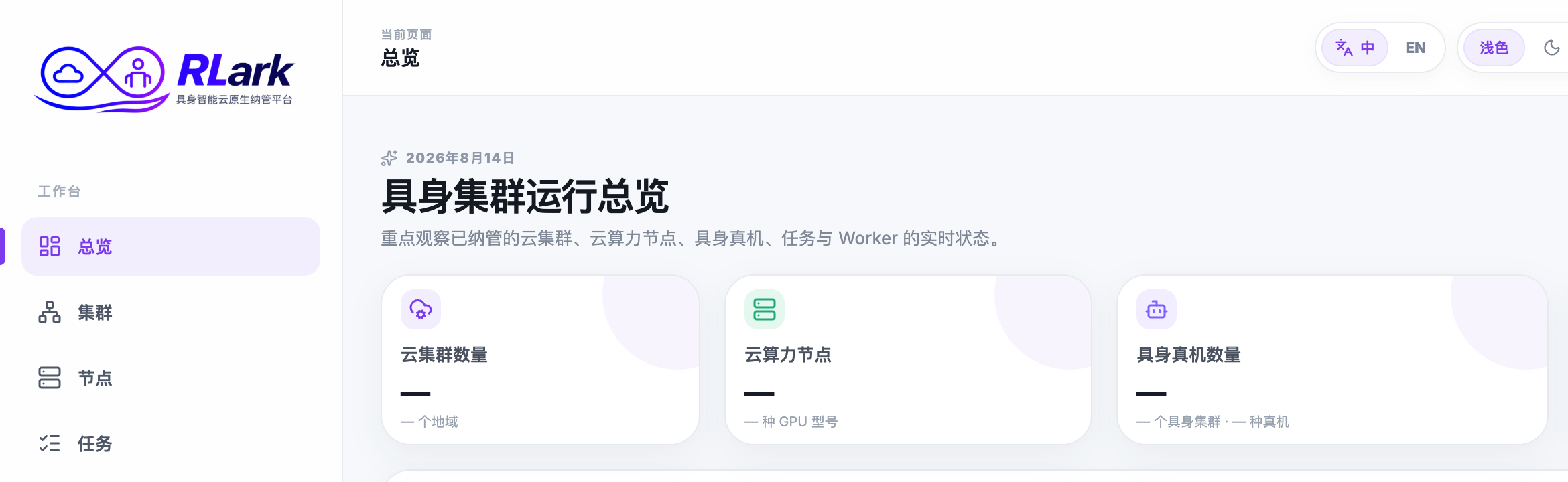 RLark 用户控制台总览页,左侧显示总览、集群、节点和任务入口,右侧显示总览标题与资源汇总卡片。