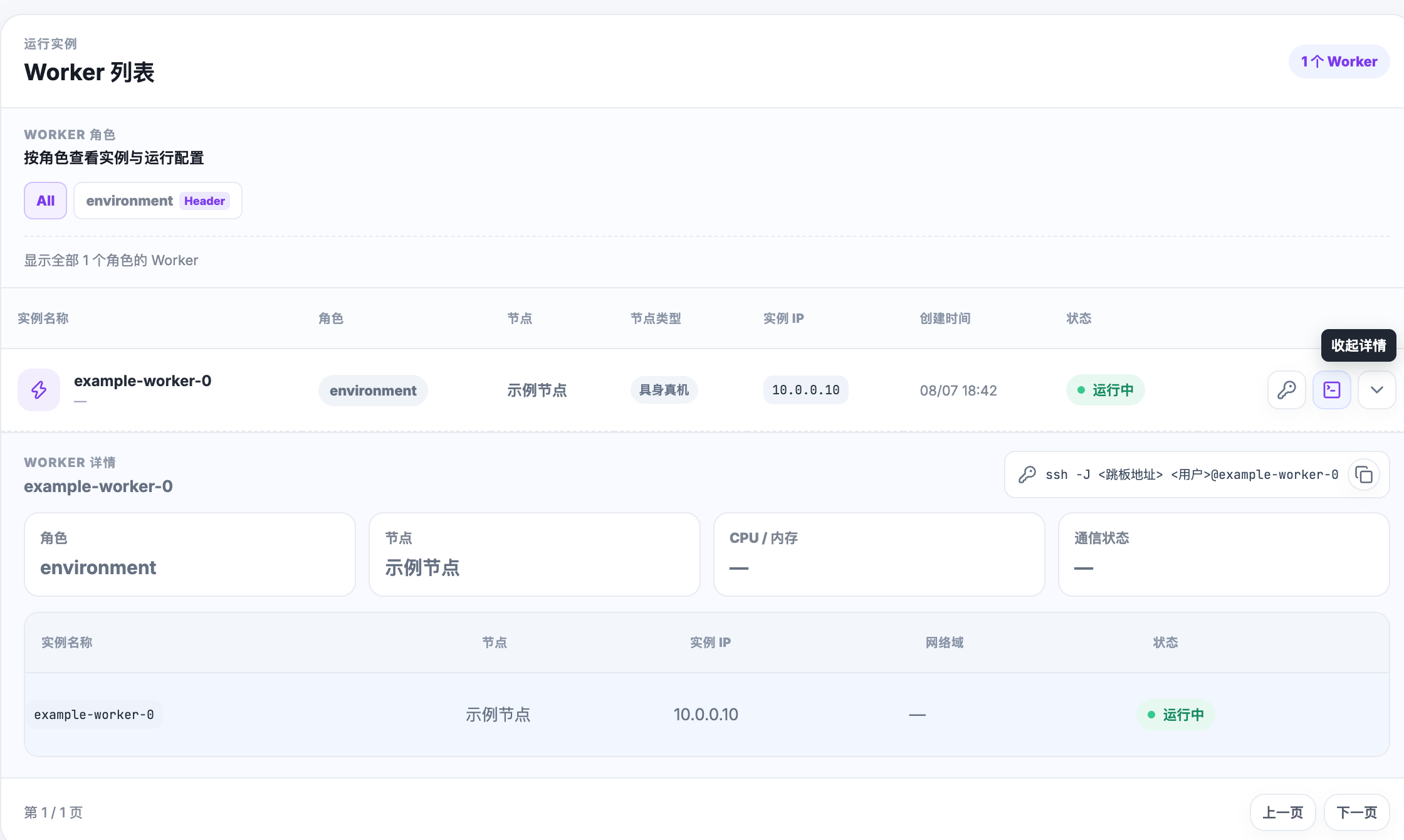任务详情的 Worker 列表，展开一行后显示角色、节点、实例 IP、状态和 Pod 明细。